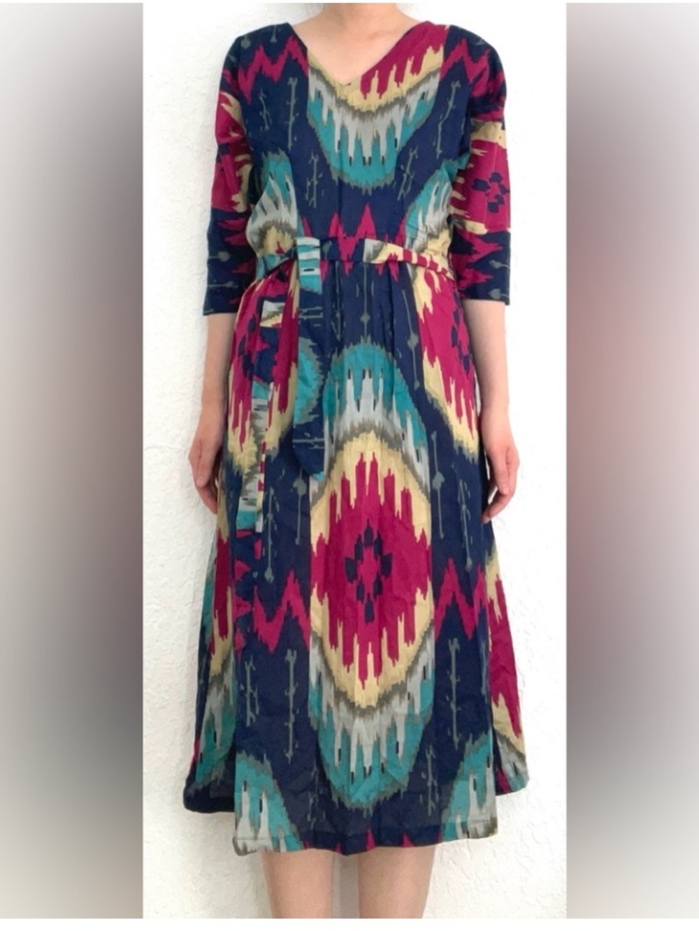 Vintage handmade dress midi kaftan blue pink beige size xs/s